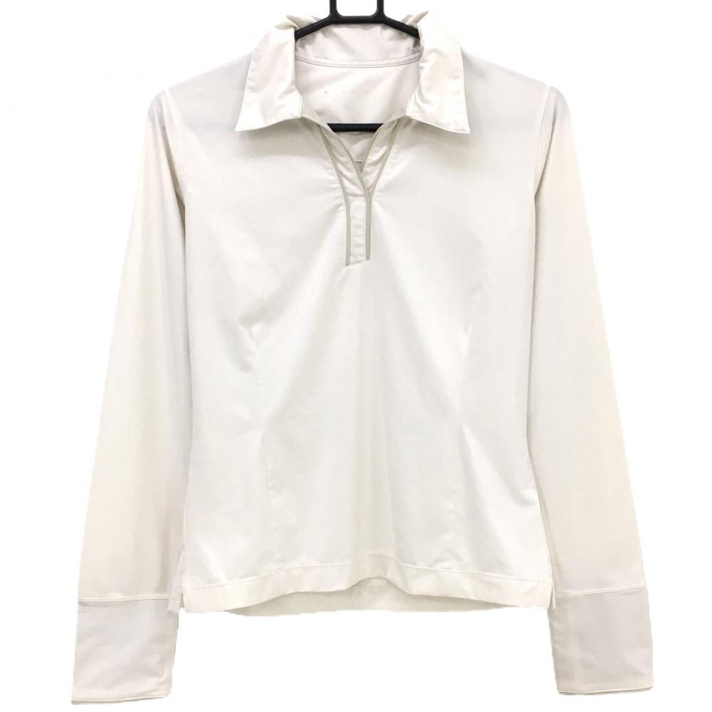 【美品】ナイキゴルフ 長袖スキッパーシャツ アイボリー×ベージュ 袖ロゴ刺しゅう レディース  ゴルフウェア NIKE