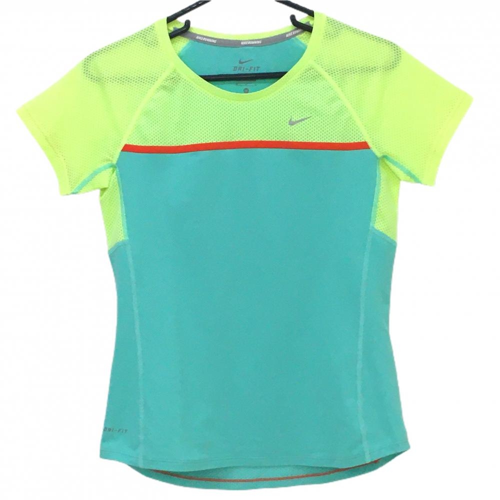 【超美品】ナイキ Tシャツ ブルーグリーン×イエロー メッシュ調生地 ストレッチ DRY-FIT レディース M ゴルフウェア NIKE