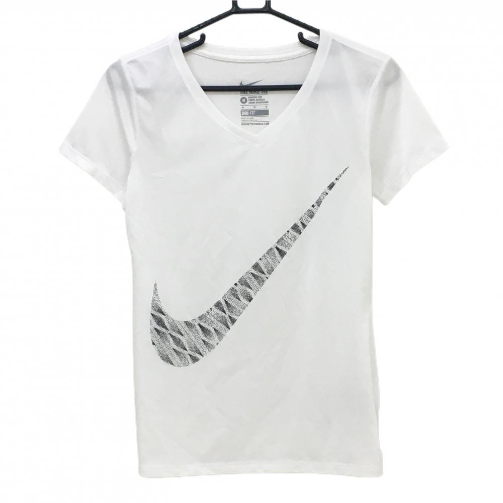 【超美品】ナイキ Tシャツ 白×黒 ロゴプリント ストレッチ DRY-FIT レディース M ゴルフウェア NIKE