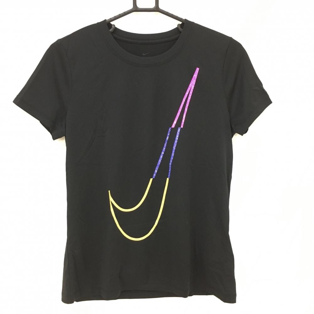 【超美品】ナイキ Tシャツ 黒×ピンク×イエロー ビッグロゴ DRIFIT レディース LGG ゴルフウェア NIKE