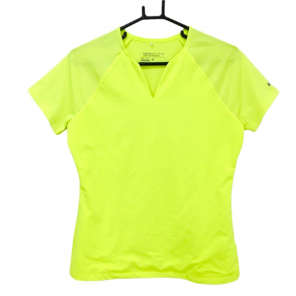 【超美品】ナイキゴルフ Tシャツ 蛍光イエロー キーネック DRY-FIT ストレッチ  レディース L ゴルフウェア NIKE