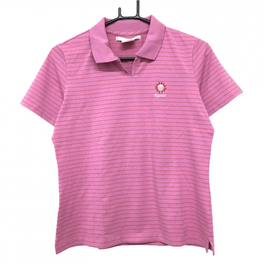 【美品】ナイキゴルフ 半袖スキッパーシャツ ピンク×レッド ボーダー 花刺しゅう レディース S(4-6) P CH P ゴルフウェア NIKE