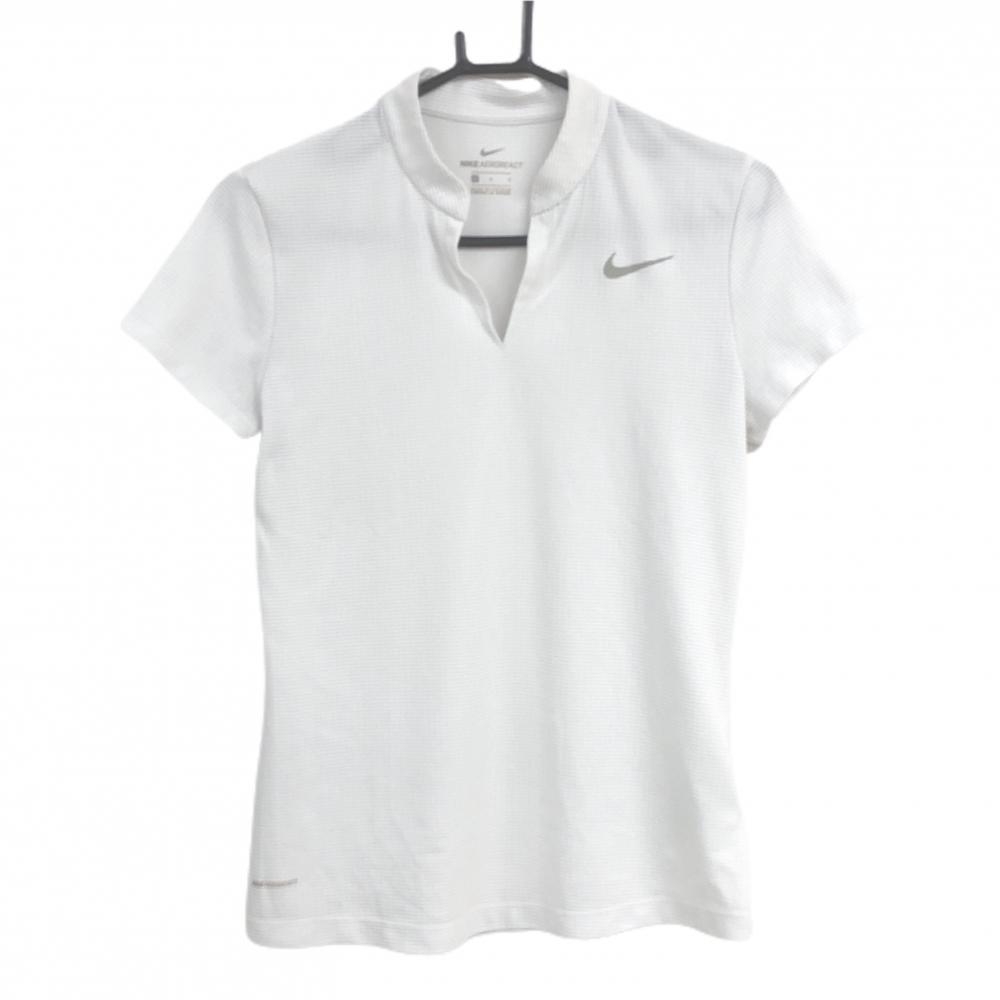 【超美品】ナイキ 半袖スキッパーシャツ 白×ライトグレー系 ボーダー 胸ロゴ レディース L ゴルフウェア NIKE