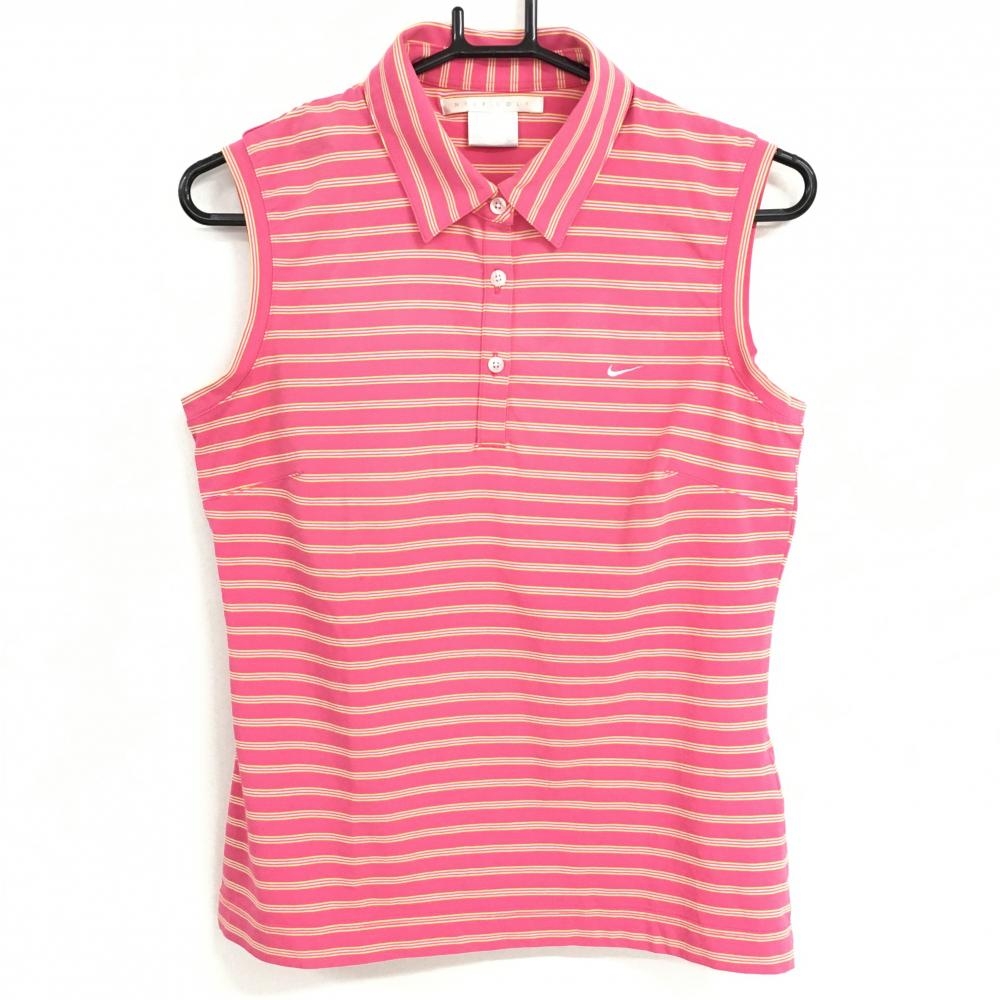 【美品】ナイキ ノースリーブポロシャツ ピンク×イエロー ボーダー レディース LGG ゴルフウェア NIKE 画像