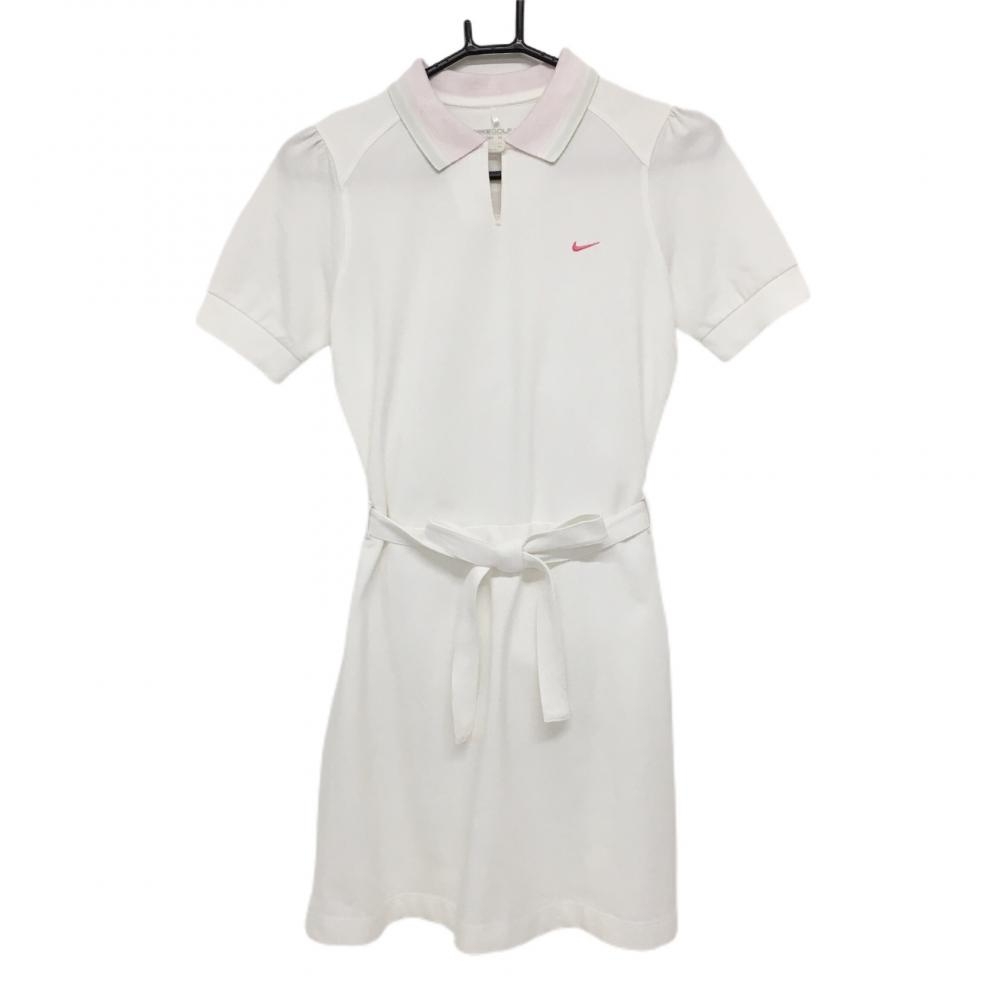 ナイキ 半袖ワンピース 白×ピンク ロゴ刺しゅう 襟裏ボーダー ベルト付き  レディース M ゴルフウェア NIKE