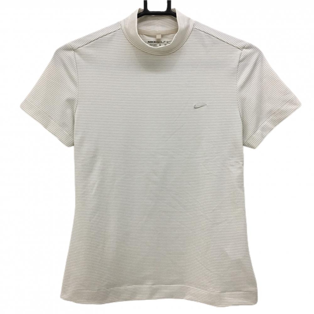 【超美品】ナイキゴルフ 半袖ハイネックシャツ 白×ベージュ ボーダー FITDRY レディース M ゴルフウェア NIKE