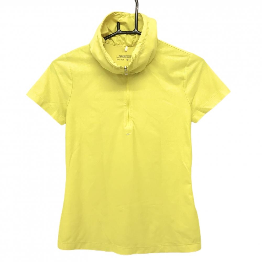 【美品】ナイキゴルフ 半袖ハイネックシャツ イエロー 地模様 ハーフジップ ネックドローコード レディース S ゴルフウェア NIKE
