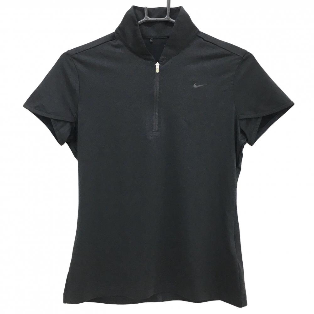 【超美品】ナイキゴルフ 半袖ハイネックシャツ 黒 ロゴプリント ハーフジップ DRI-FIT レディース M ゴルフウェア NIKE