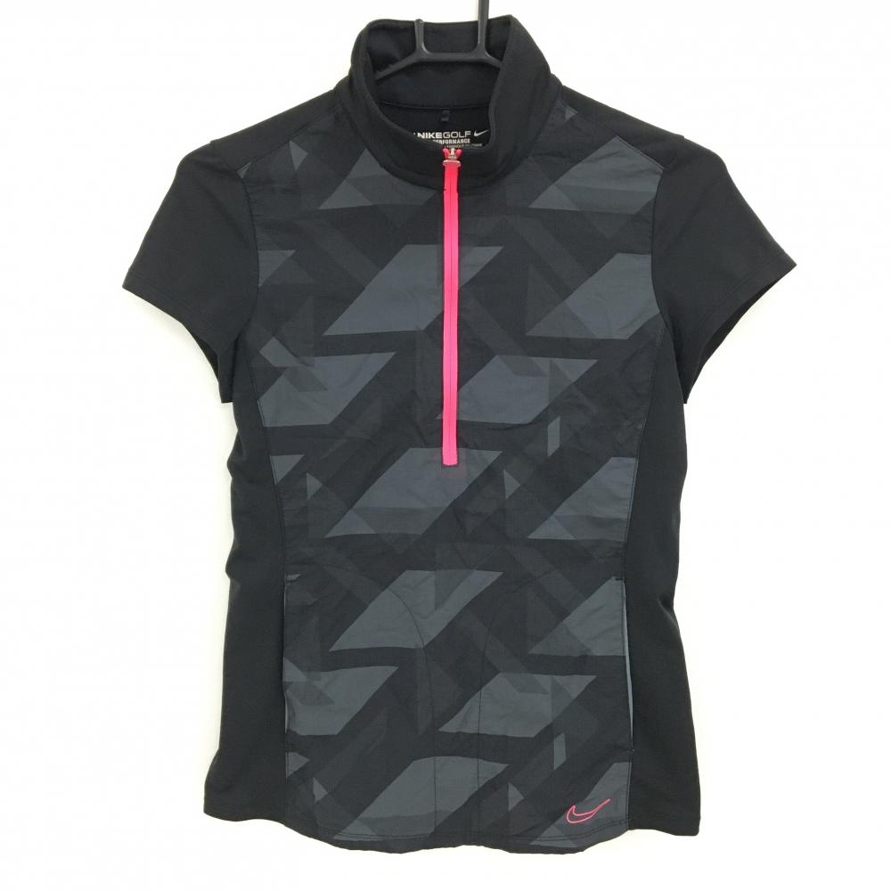【超美品】ナイキゴルフ 半袖ハイネックシャツ 黒×グレー 前身頃総柄 ハーフジップ 異素材 DRI-FIT レディース M ゴルフウェア NIKE