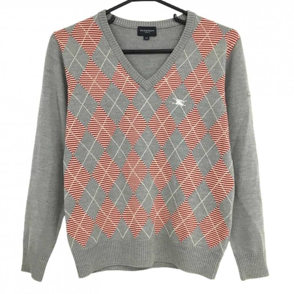 バーバリーゴルフ セーター グレー×レッド アーガイル Vネック レディース M ゴルフウェア BURBERRY GOLF