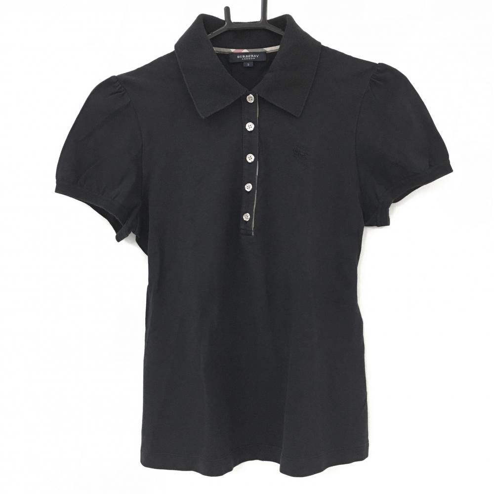バーバリー 半袖ポロシャツ 黒 胸元ロゴ 前立て内側チェック柄 レディース 2(M) ゴルフウェア BURBERRY GOLF