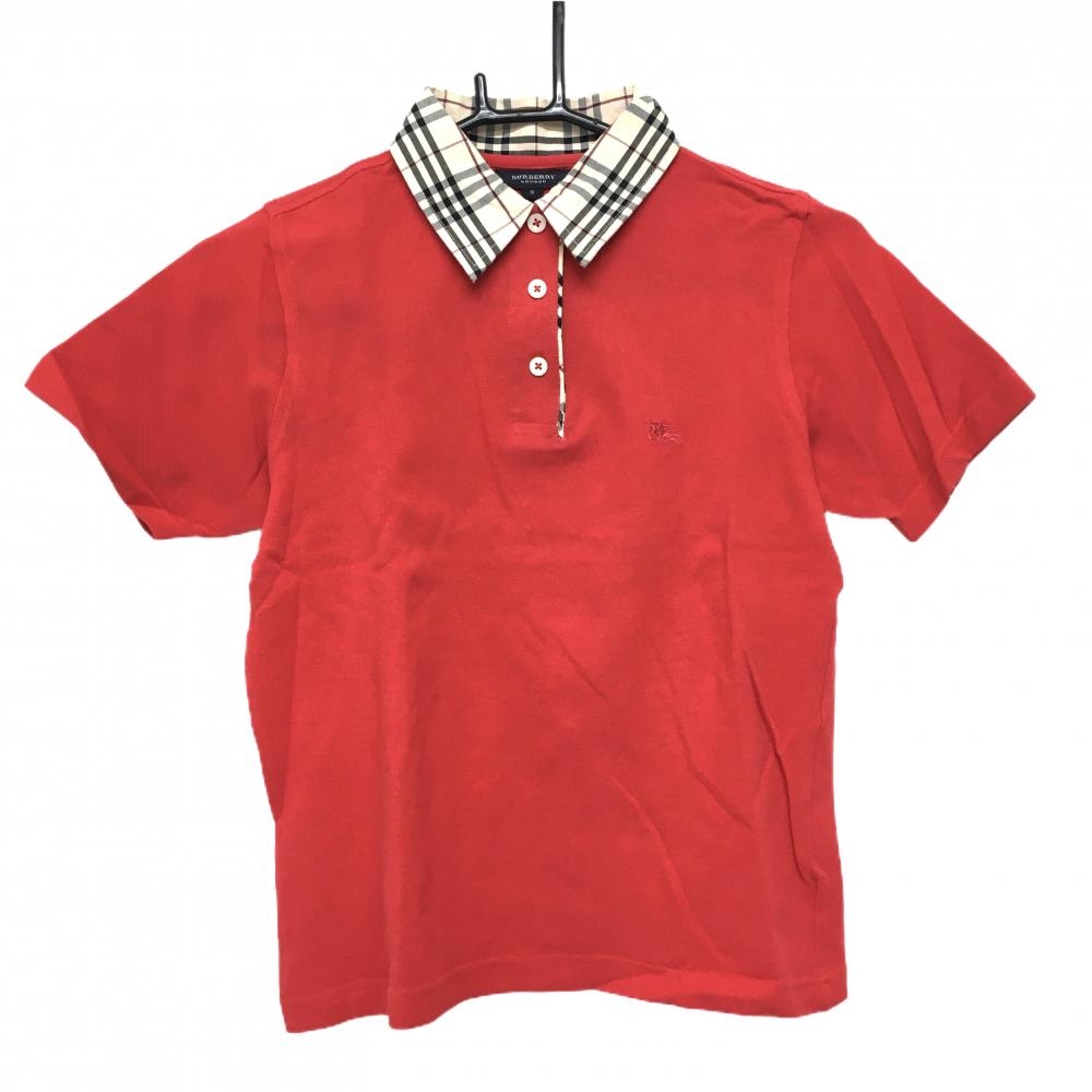 バーバリー 半袖ポロシャツ レッド×ベージュ 襟チェック  レディース S ゴルフウェア BURBERRY GOLF