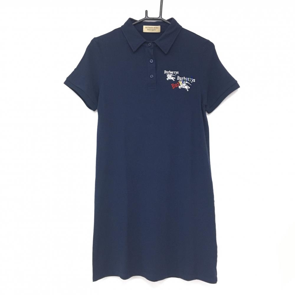 【美品】バーバリー 半袖ポロワンピース ネイビー ロゴ刺しゅう レディース M ゴルフウェア BURBERRY GOLF