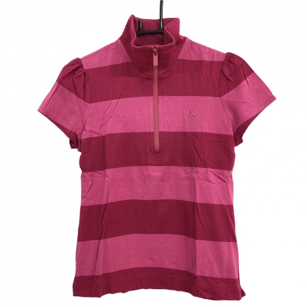 【超美品】バーバリーゴルフ 半袖ハイネックシャツ ピンク ボーダー ハーフジップ  レディース 2(M) ゴルフウェア BURBERRY GOLF