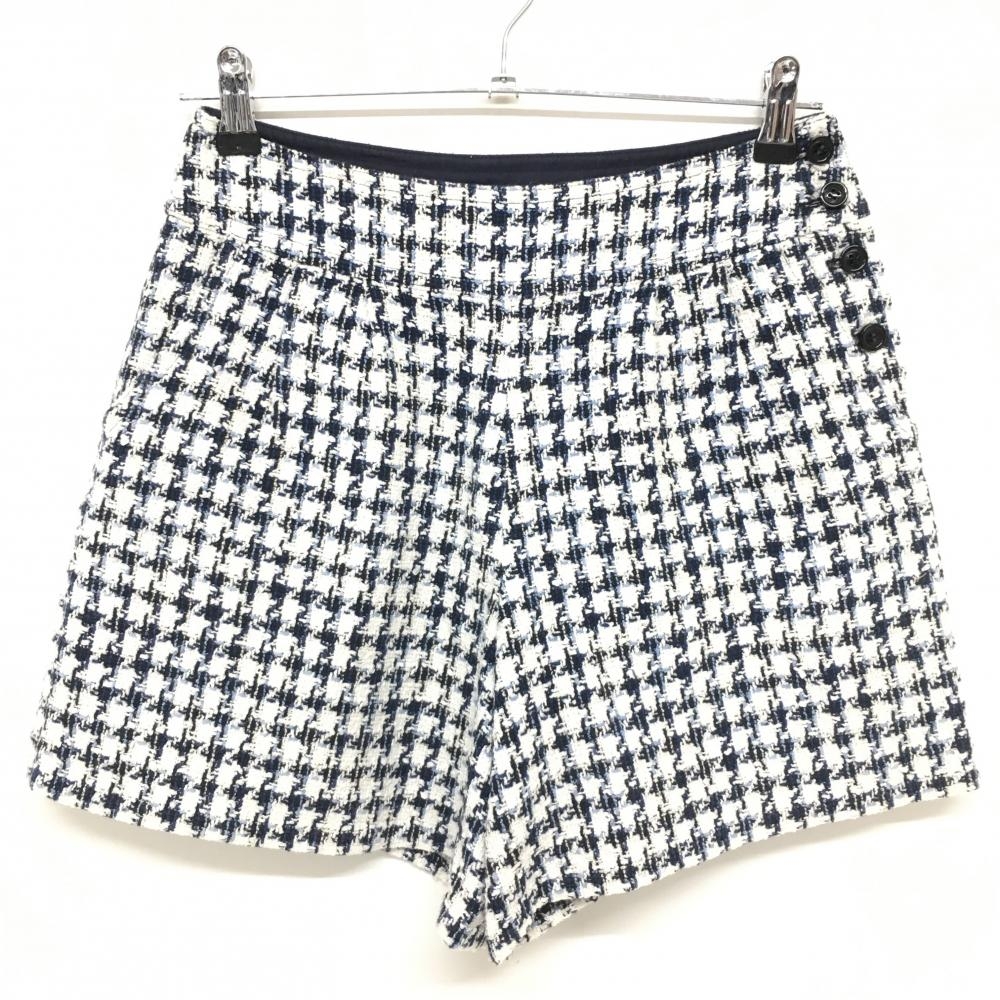 【美品】ブルーレーベル クレストブリッジ キュロットスカート 白×ネイビー チェック風 レディース 38 ゴルフウェア BURBERRY GOLF