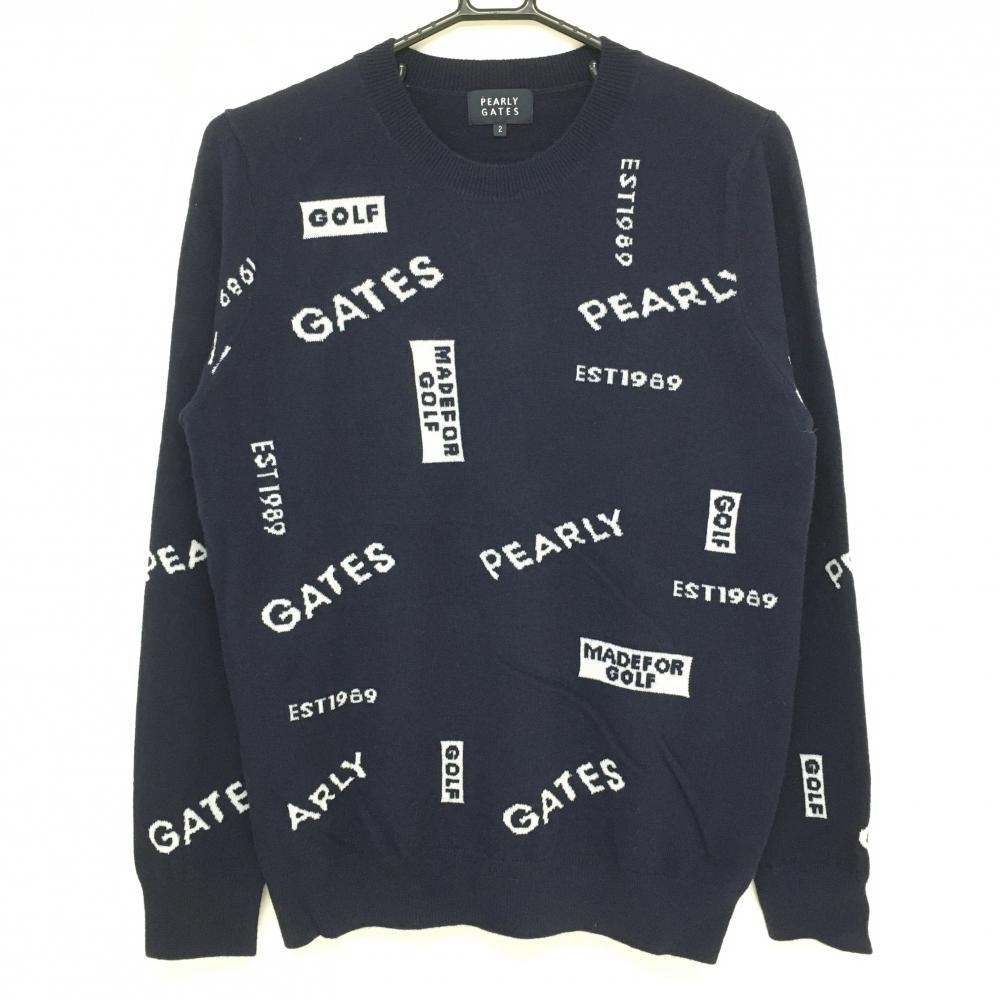 超美品】パーリーゲイツ セーター ネイビー×白 ロゴ総柄 カシミヤ混