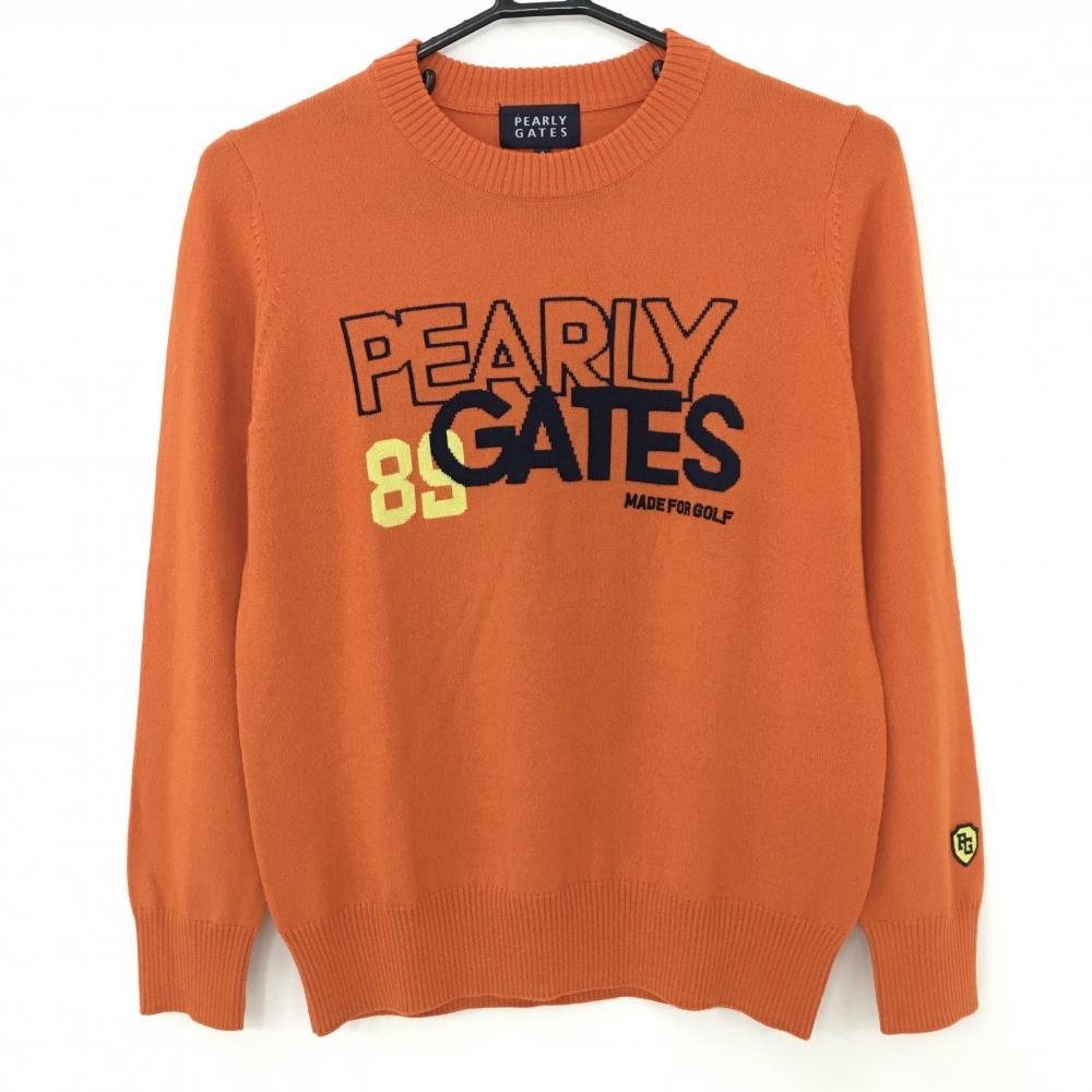 【超美品】パーリーゲイツ セーター オレンジ×ネイビー フロントロゴ ウール混 レディース 0(S) ゴルフウェア PEARLY GATES