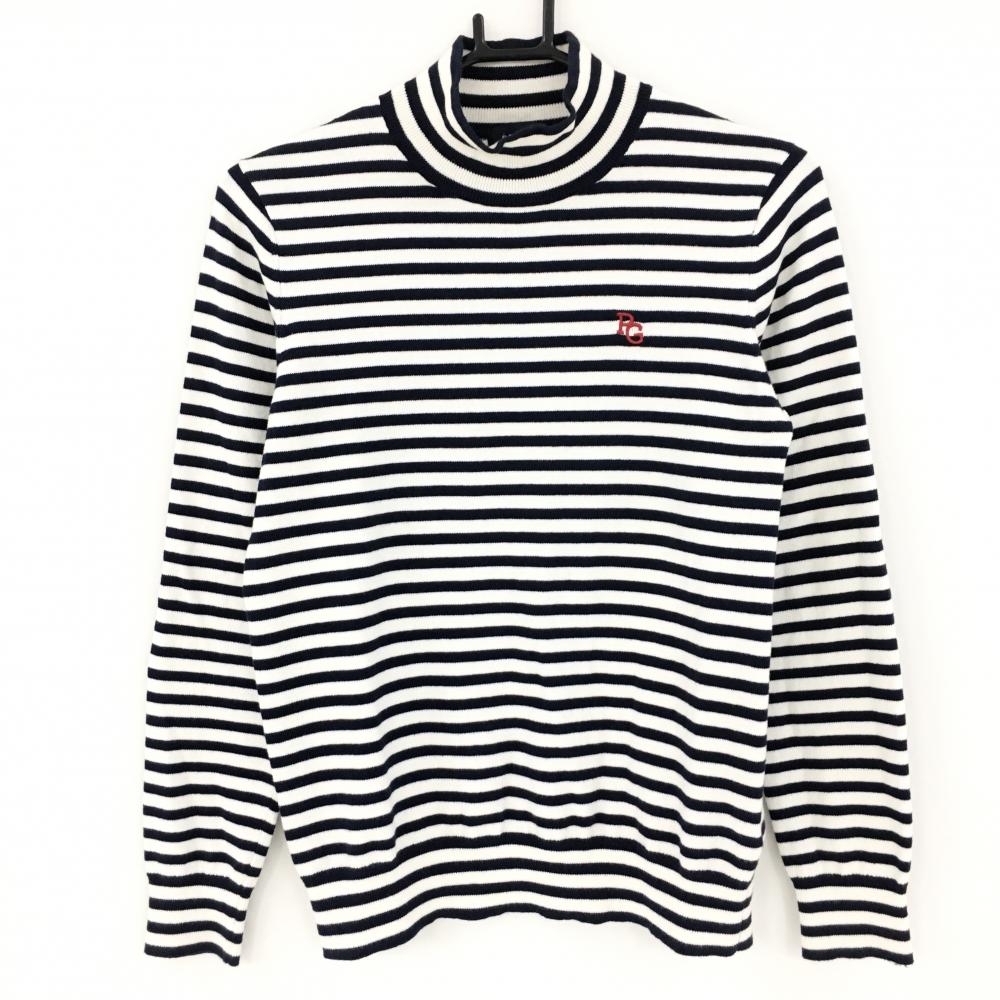 【超美品】パーリーゲイツ ハイネックセーター 白×ネイビー ボーダー ニット コットン混 レディース 1(M) ゴルフウェア PEARLY GATES