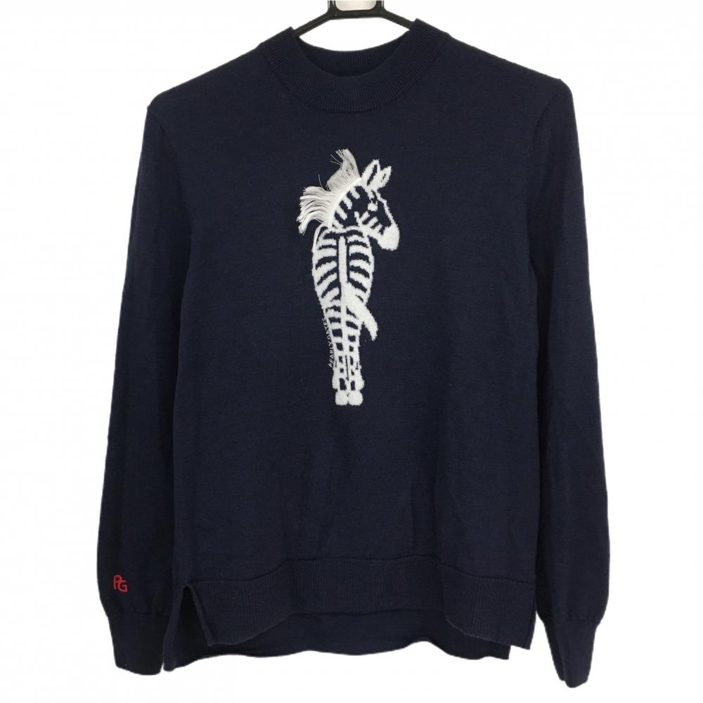 【美品】パーリーゲイツ ハイネックセーター ネイビー×白 ウール100％ ニット レディース 0(S) ゴルフウェア PEARLY GATES