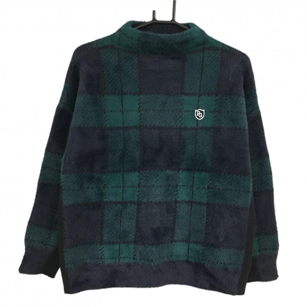【超美品】パーリーゲイツ ハイネックセーター グリーン×ネイビー チェック 起毛 ニット レディース 1(M) ゴルフウェア PEARLY GATES