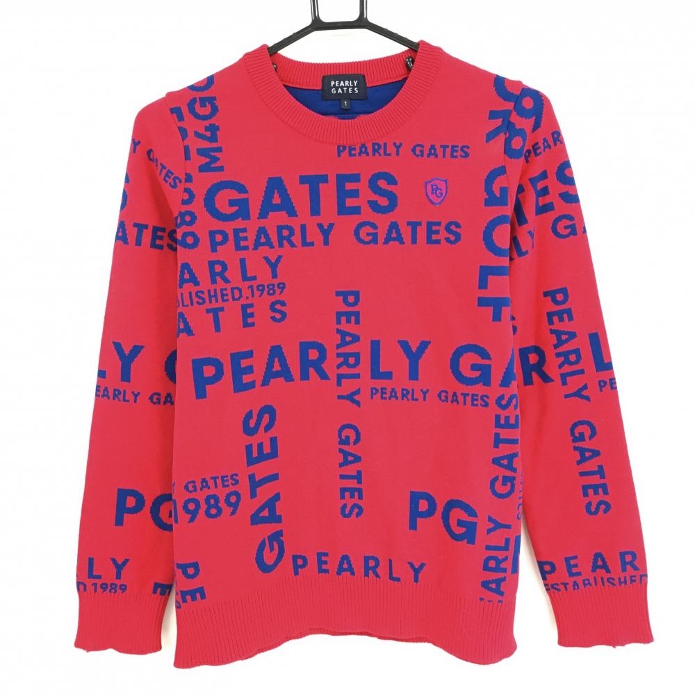 【美品】パーリーゲイツ セーター ピンク×ブルー ロゴ総柄 ニット  レディース 1(M) ゴルフウェア PEARLY GATES