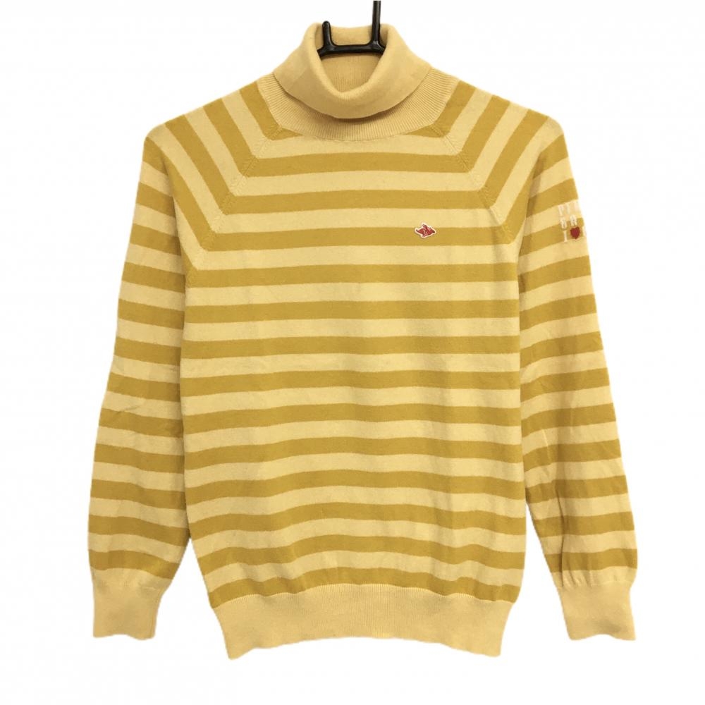 パーリーゲイツ タートルネックセーター イエロー ボーダー コットン混 ニット レディース 1(M) ゴルフウェア PEARLY GATES