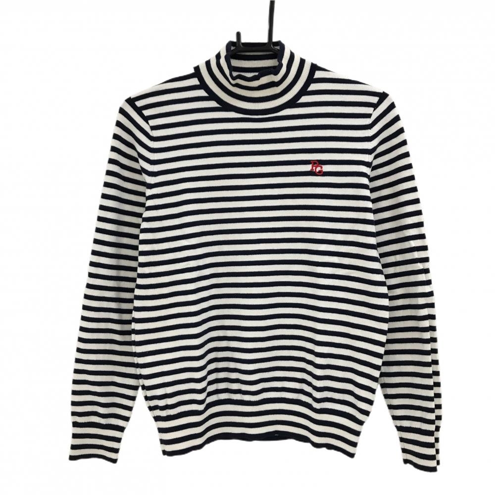 【美品】パーリーゲイツ　ハイネックセーター  白×ネイビー ボーダー コットン混 レディース 1(M) ゴルフウェア PEARLY GATES