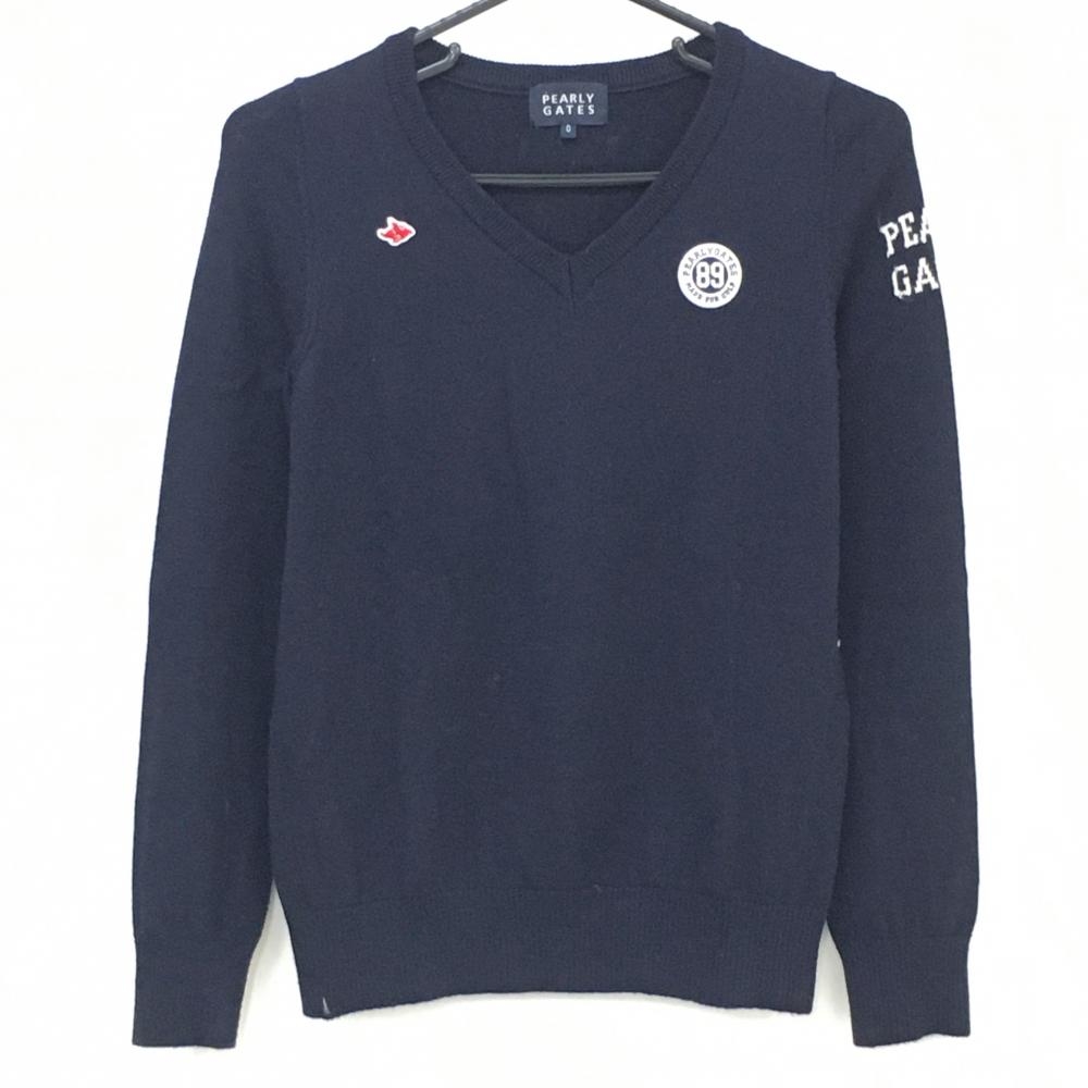 【美品】パーリーゲイツ セーター ネイビー Vネック ロゴ刺しゅう ニット レディース 0(S) ゴルフウェア PEARLY GATES