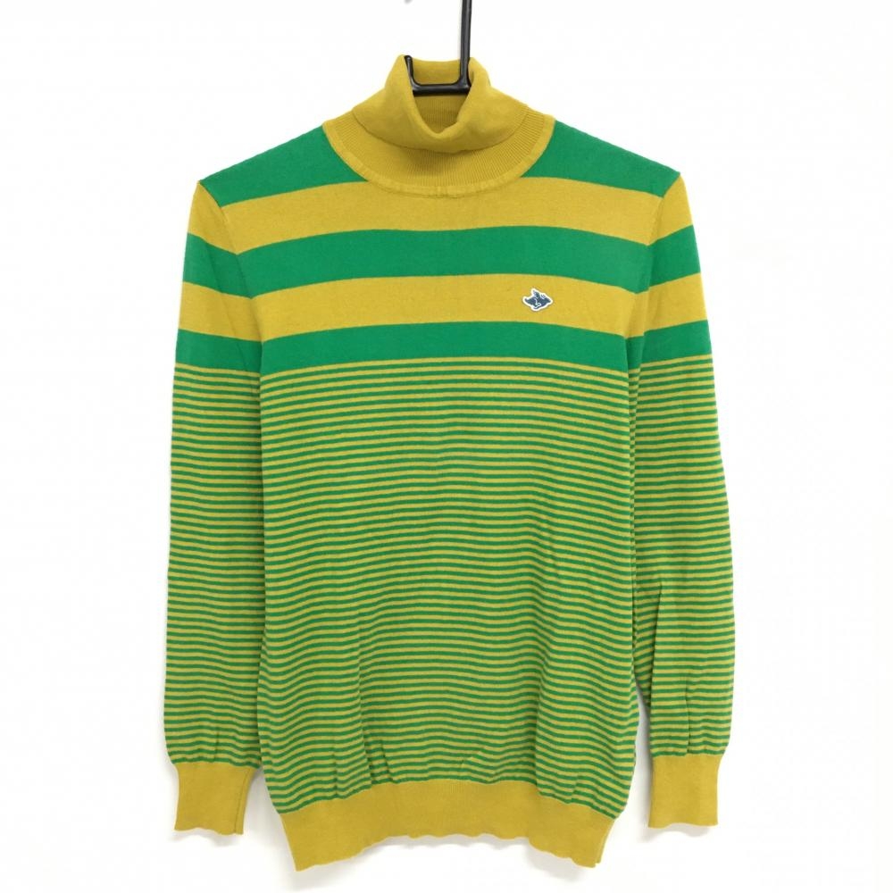 パーリーゲイツ タートルネックセーター イエロー系×グリーン ボーダー ニット レディース 1(M) ゴルフウェア PEARLY GATES
