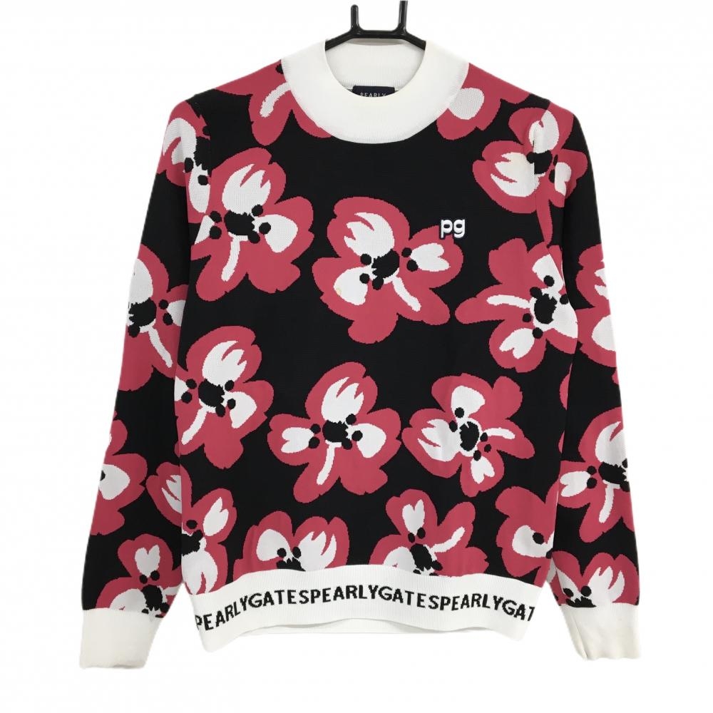 パーリーゲイツ ハイネックセーター 黒×ピンク×白 花柄 ニット  レディース 1(M) ゴルフウェア PEARLY GATES