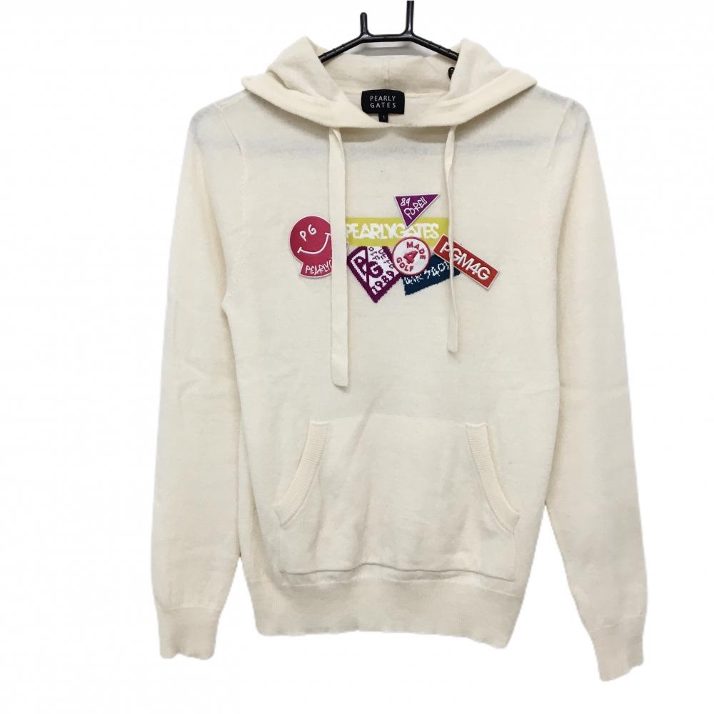 【美品】パーリーゲイツ フード付セーター 白 複数ワッペン ニット レディース 1(M) ゴルフウェア PEARLY GATES