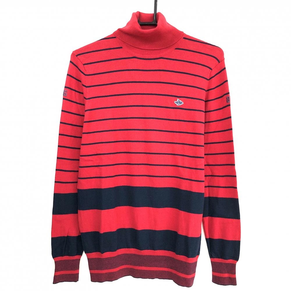 【美品】パーリーゲイツ タートルネックセーター レッド×ネイビー ボーダー ニットコットン混 レディース 1(M) ゴルフウェア PEARLY GATES