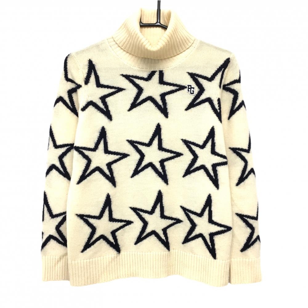 パーリーゲイツ タートルネックセーター アイボリー×ネイビー 星柄 ニット ウール100％  レディース 0(S) ゴルフウェア PEARLY GATES