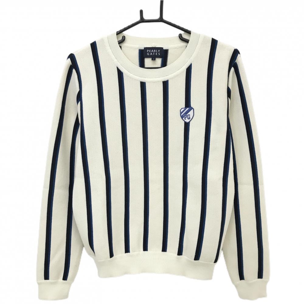 【美品】パーリーゲイツ セーター アイボリー×ネイビー ストライプ ウール混 レディース 1(M) ゴルフウェア PEARLY GATES