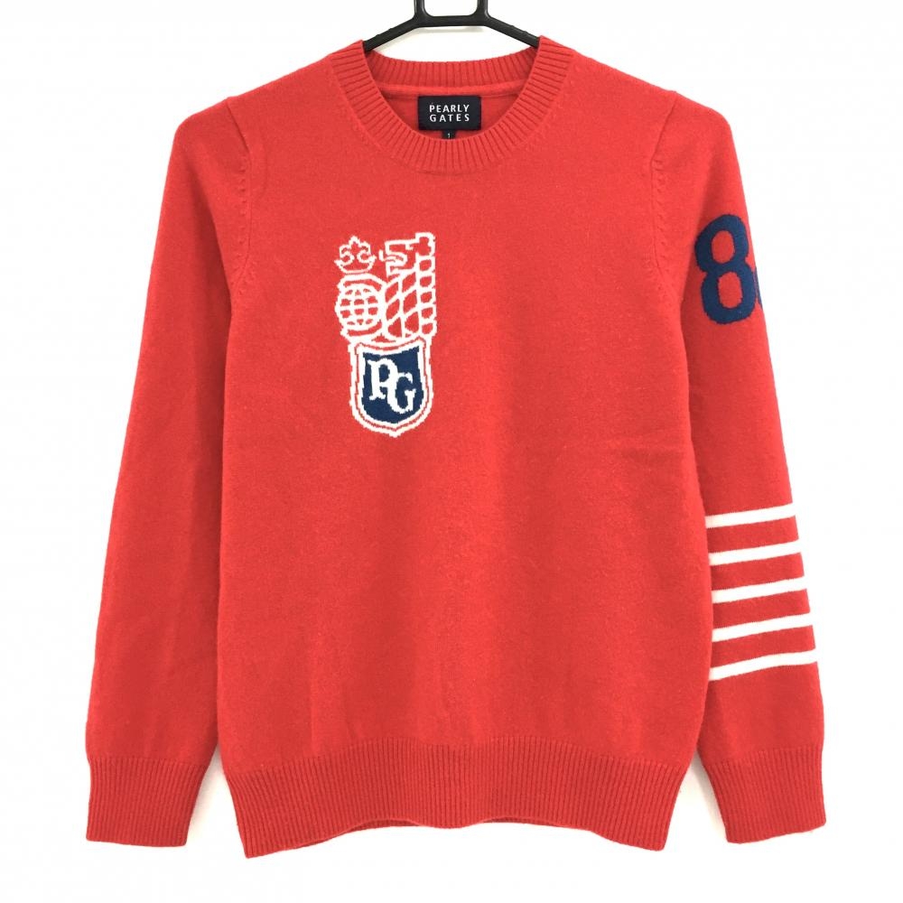 【美品】パーリーゲイツ セーター レッド×白 袖ライン カシミヤ100％ ニット レディース 1(M) ゴルフウェア PEARLY GATES