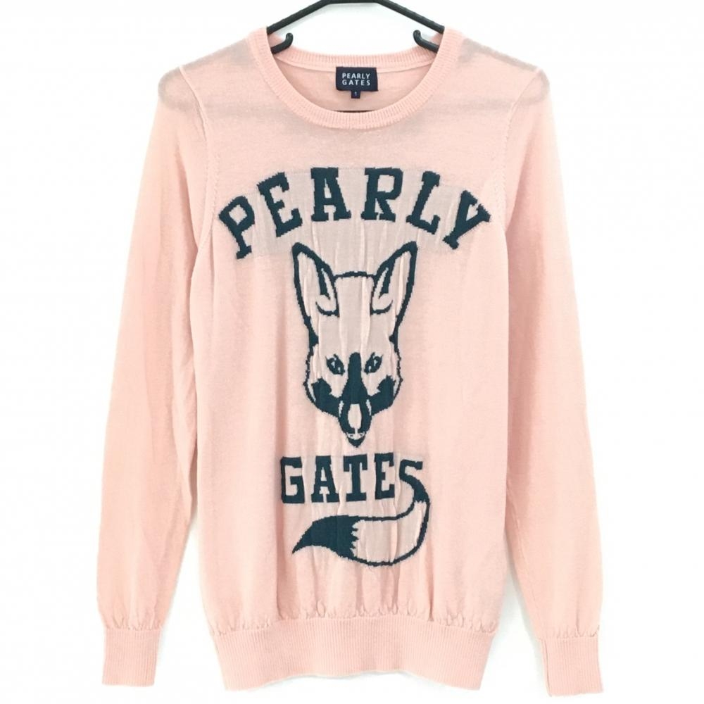 【超美品】パーリーゲイツ セーター ライトピンク×ダークグリーン フロントキツネ柄  レディース 1(M) ゴルフウェア PEARLY GATES