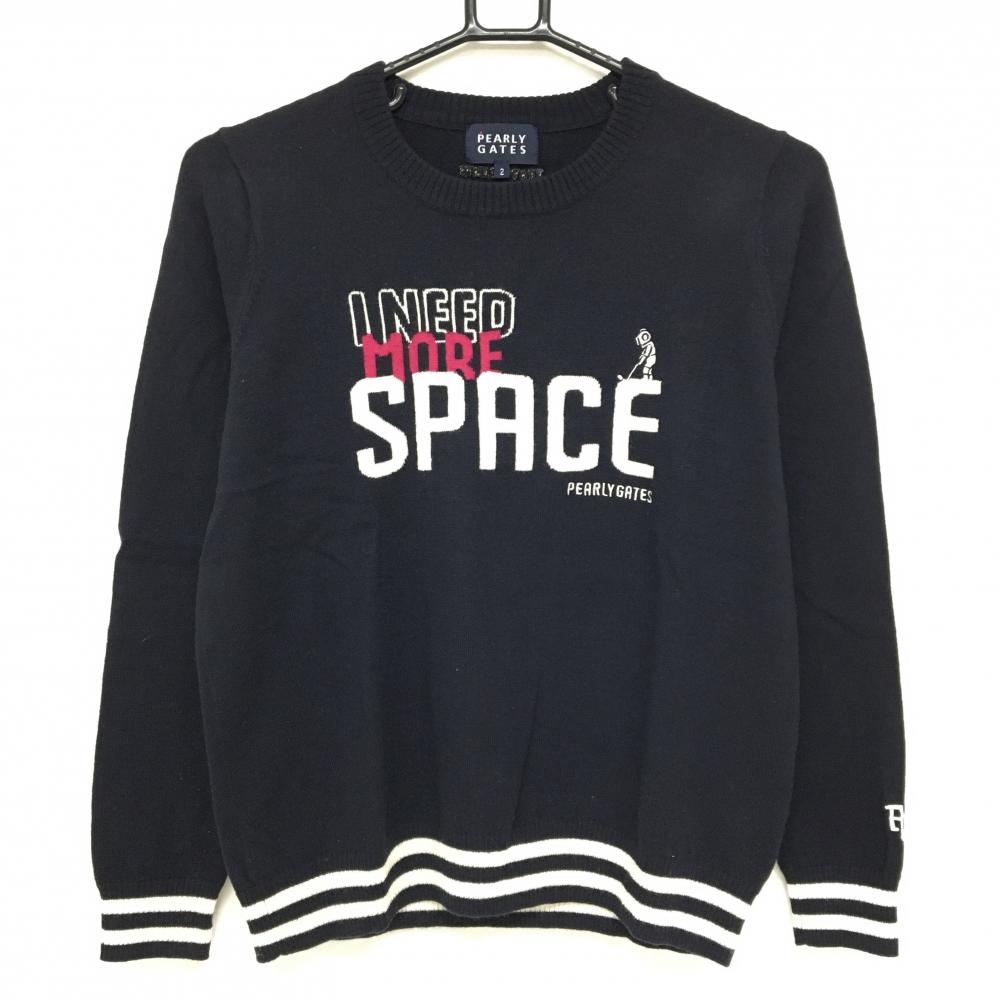 【美品】パーリーゲイツ セーター ネイビー×白 袖口・裾2ライン ウール100％ ニット  レディース 2(L) ゴルフウェア PEARLY GATES