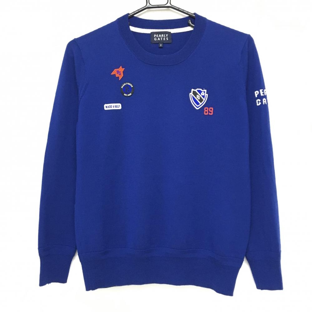 【美品】パーリーゲイツ セーター ブルー 刺しゅうワッペン ニット  レディース 0(S) ゴルフウェア PEARLY GATES