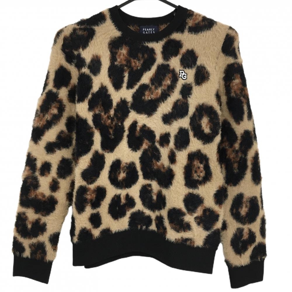 【新品】パーリーゲイツ セーター ライトブラウン×黒 レオパード柄 ファー ロゴ刺しゅう  レディース 0(S) ゴルフウェア PEARLY GATES