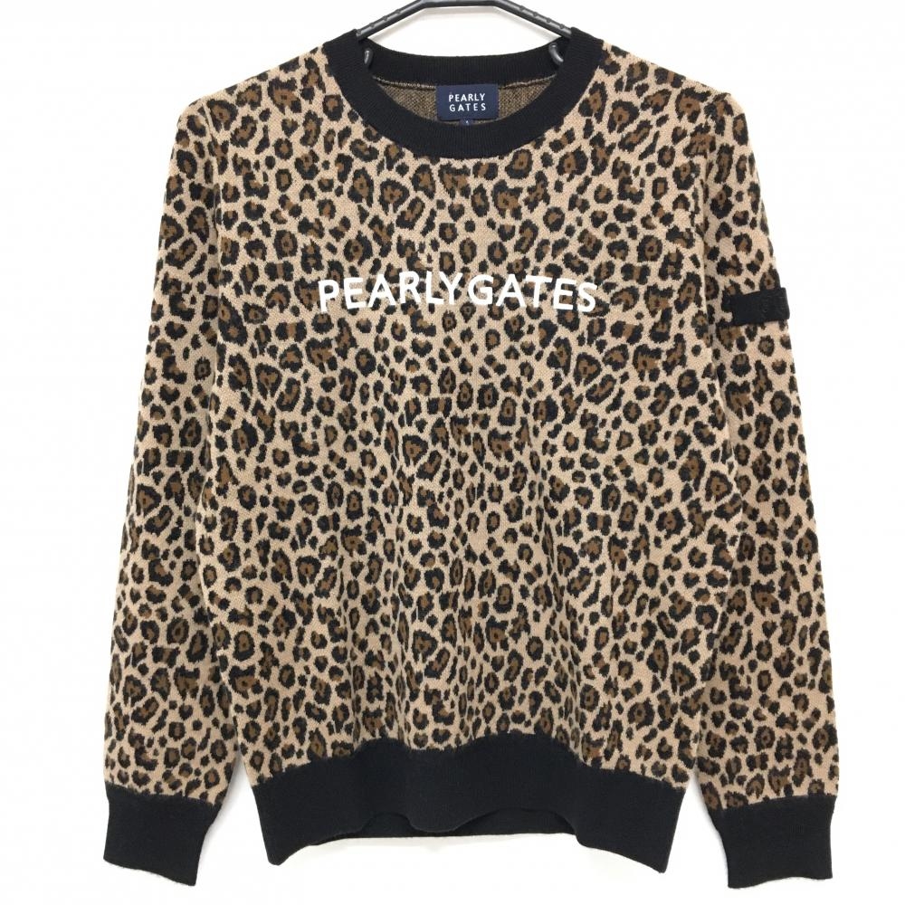 【新品】パーリーゲイツ セーター ベージュ系×黒 レオパード柄 ロゴ白 カシミヤ混 ニット レディース 1(M) ゴルフウェア PEARLY GATES