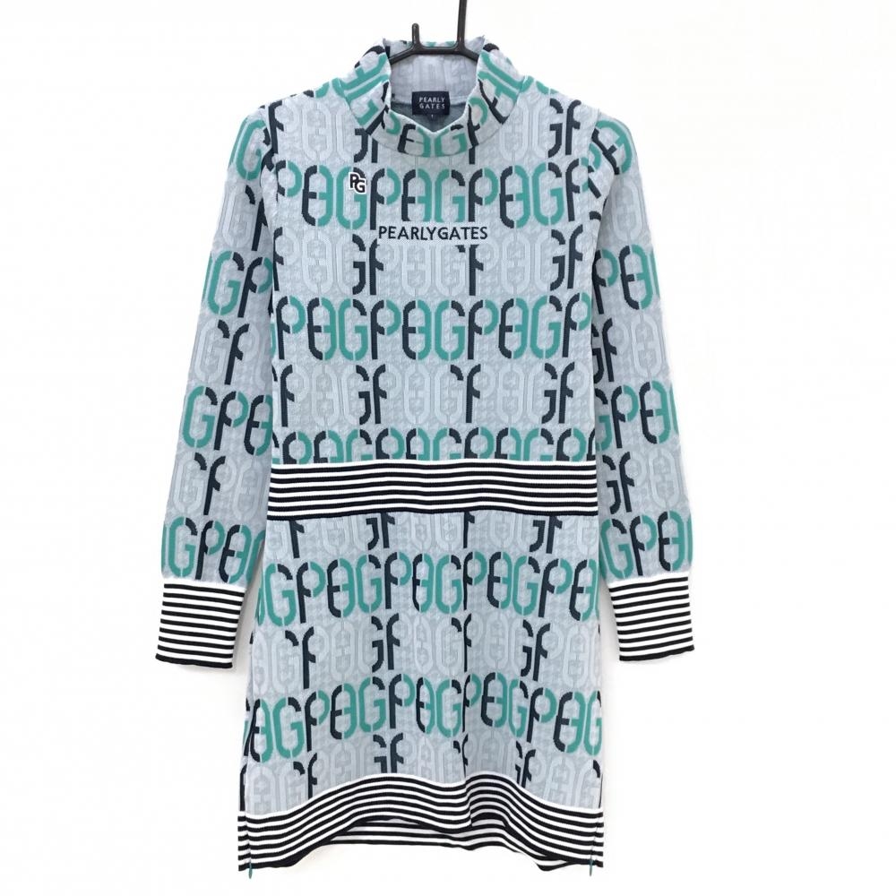 パーリーゲイツ 長袖ニットワンピース グレー×グリーン 英字総柄 ハイネック  レディース 1(M) ゴルフウェア 2024年モデル PEARLY GATES