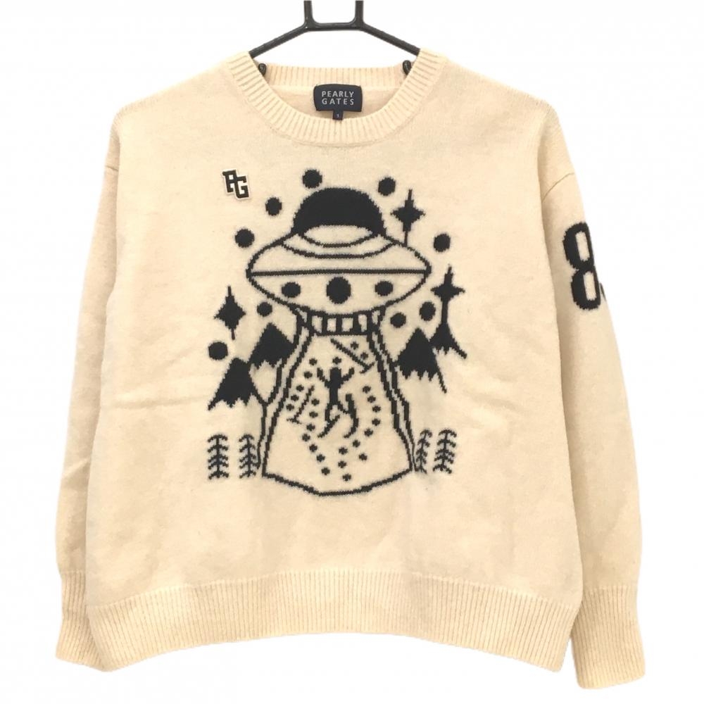 【美品】パーリーゲイツ セーター アイボリー×黒 前面UFO柄 ウール100% ニット レディース 1(M) ゴルフウェア PEARLY GATES