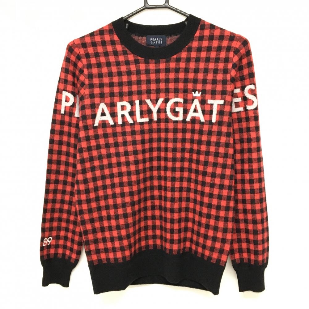 【新品】パーリーゲイツ セーター ピンクレッド系×黒 チェック カシミヤ100％ ニット レディース 1(M) ゴルフウェア PEARLY GATES