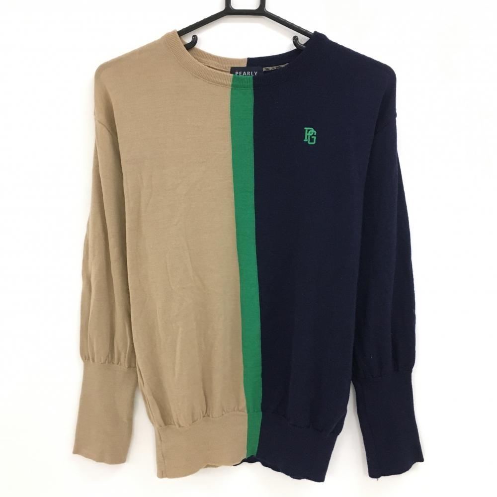 【美品】パーリーゲイツ セーター ライトブラウン×ネイビー ウール100％ ニット レディース 2(L) ゴルフウェア PEARLY GATES