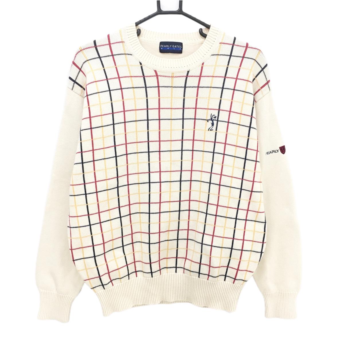 【美品】パーリーゲイツ セーター アイボリー×ネイビー  前身頃格子チェック コットン100％  レディース 2(L) ゴルフウェア PEARLY GATES