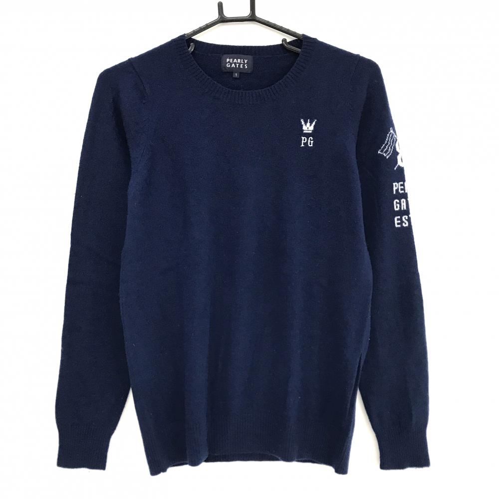 パーリーゲイツ セーター ネイビー×白 ロゴ カシミヤ100％  レディース 1(M) ゴルフウェア PEARLY GATES