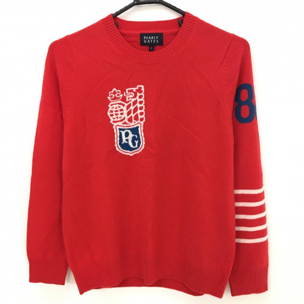 【美品】パーリーゲイツ セーター レッド×白 カシミヤ100％ 左袖ライン  ニット レディース 1(M) ゴルフウェア PEARLY GATES