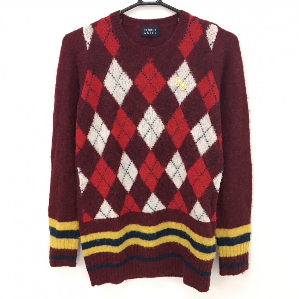 パーリーゲイツ セーター ボルドー×白 前身頃アーガイル柄 ニット アルパカ混 レディース 1(M) ゴルフウェア PEARLY GATES