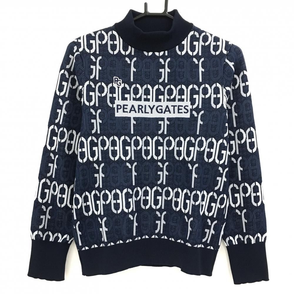 【美品】パーリーゲイツ ハイネックセーター ネイビー×白 ロゴ総柄 ニット レディース 0(S) ゴルフウェア 2024年モデル PEARLY GATES