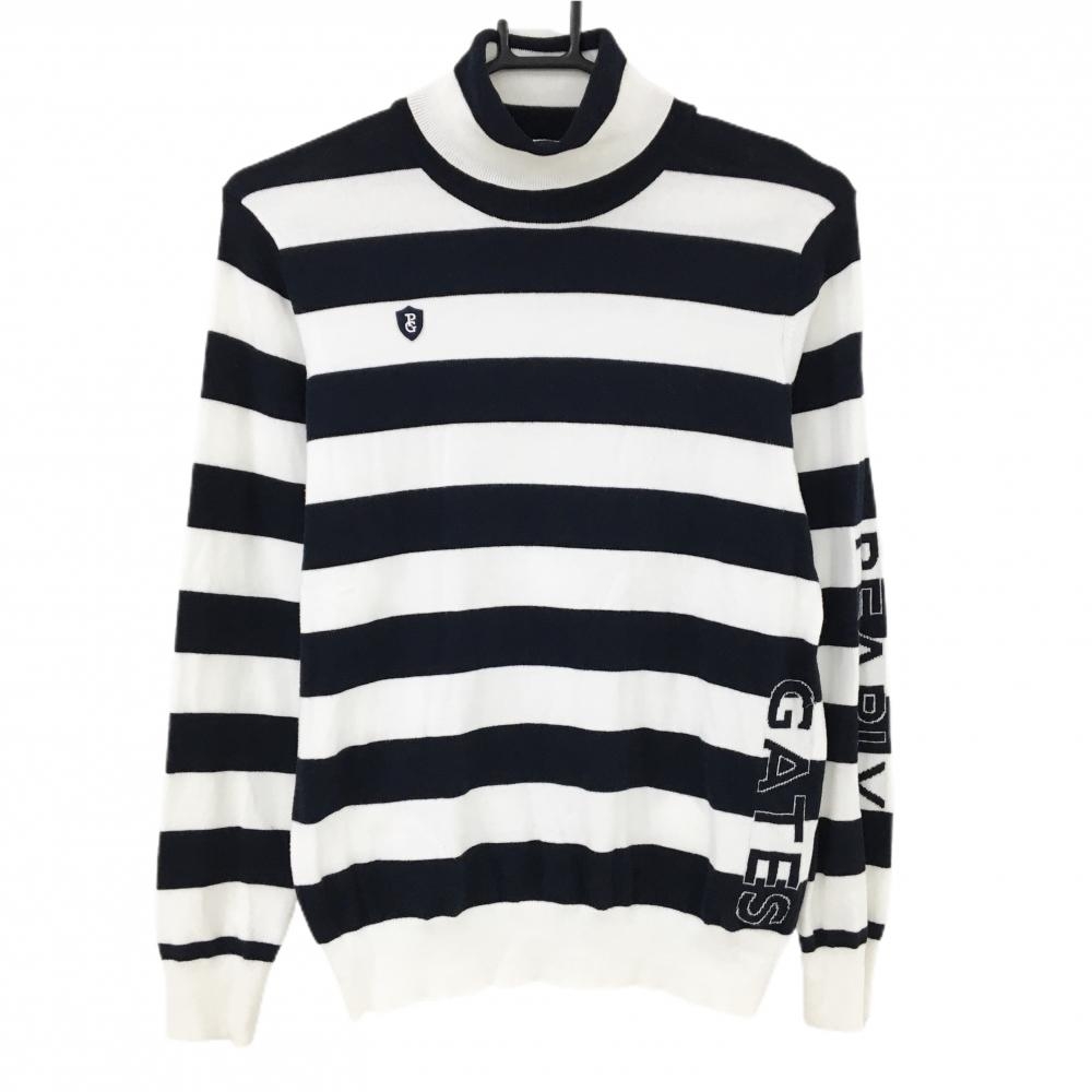 【美品】パーリーゲイツ タートルネックセーター 白×ダークネイビー 太ボーダー ニット  レディース 0(S) ゴルフウェア PEARLY GATES